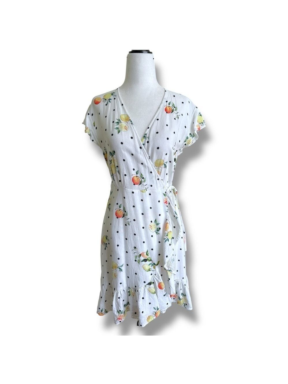 Rails Summer Dress Polka Dot Citrus Frilly Wrap Dress Feminine White Size XS